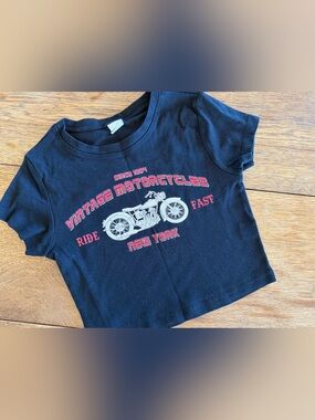 Messy Bun Just Chillin 😎 Black Crop Tee with Vintage Motorcycle Graphic